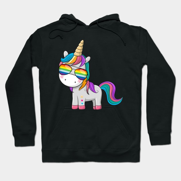 Cute unicorn with sunglasses colors of the rainbow. Hoodie by Reginast777